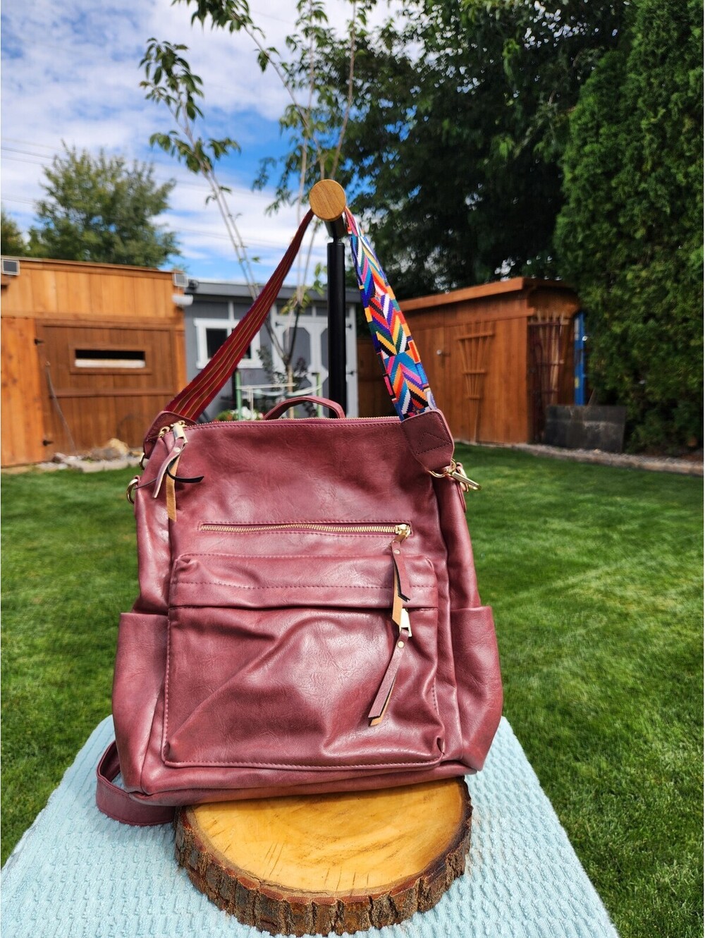 Burgundy Faux Leather Backpack with Colorful Adjustable Strap